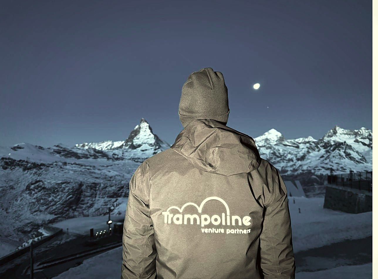 Ignacio Garcia facing the Matterhorn at blue hour in a Trampoline jacket