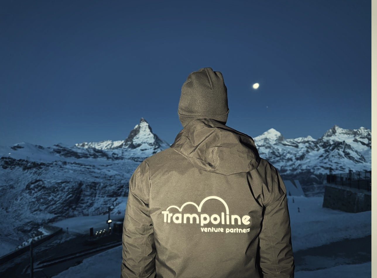 Ignacio Garcia facing the Matterhorn at blue hour in a Trampoline jacket